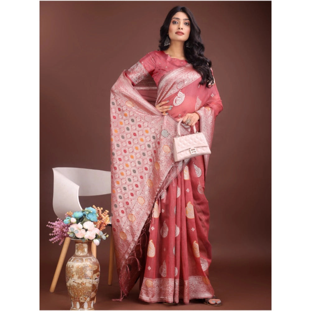 Vaystra Linen Cotton Printed Saree With Unstitched Blouse 5.5Mtr – Pink