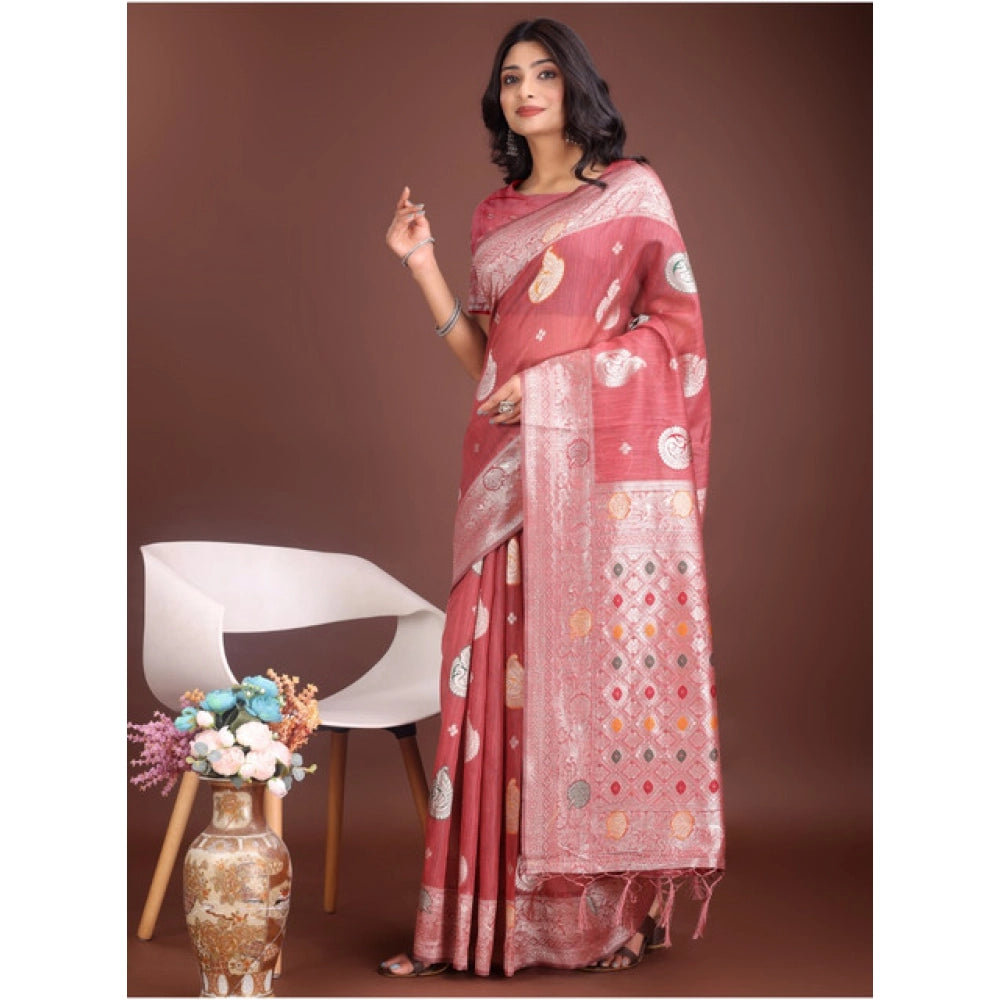 Vaystra Linen Cotton Printed Saree With Unstitched Blouse 5.5Mtr – Pink