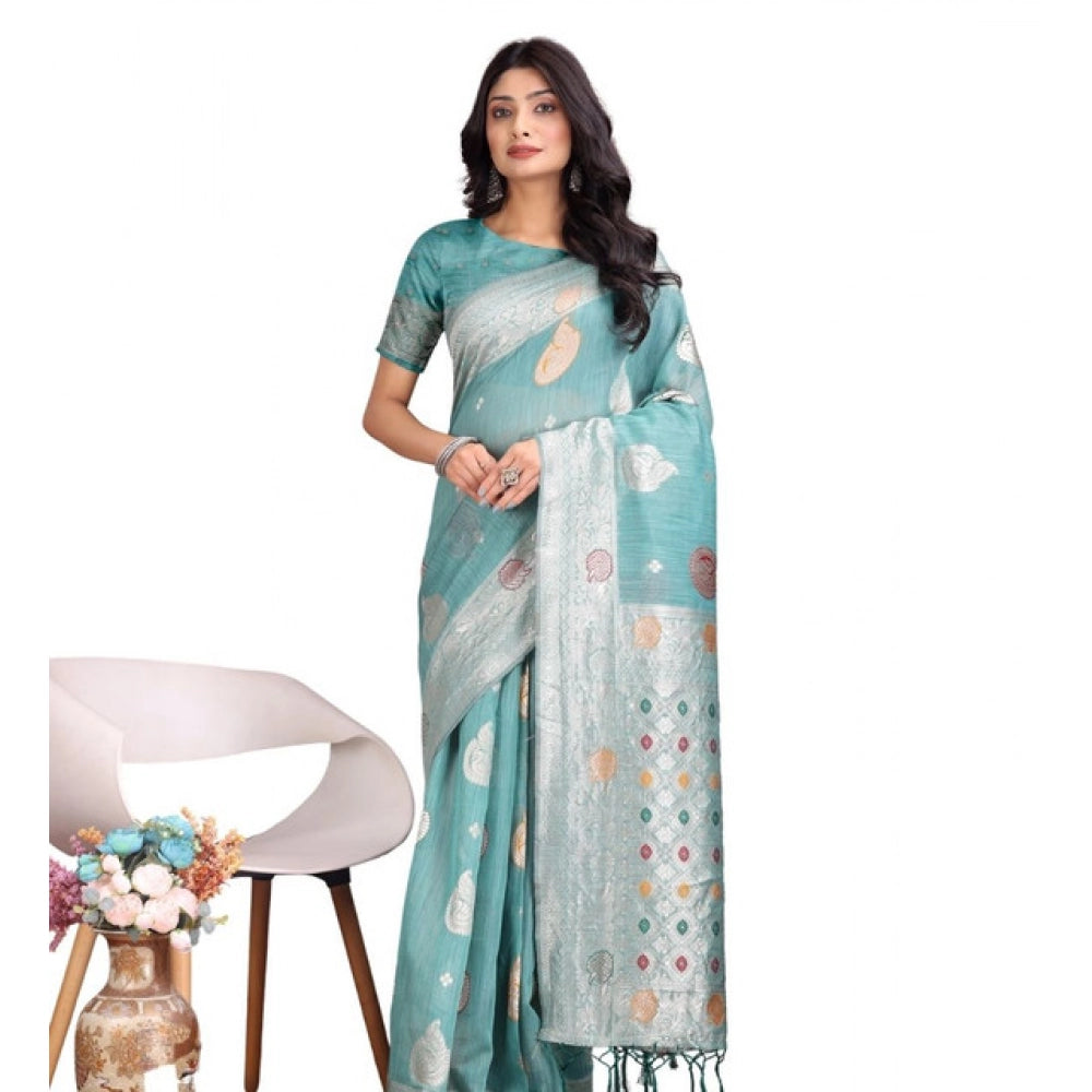 Vaystra Linen Cotton Printed Saree With Unstitched Blouse 5.5Mtr – Sea Green