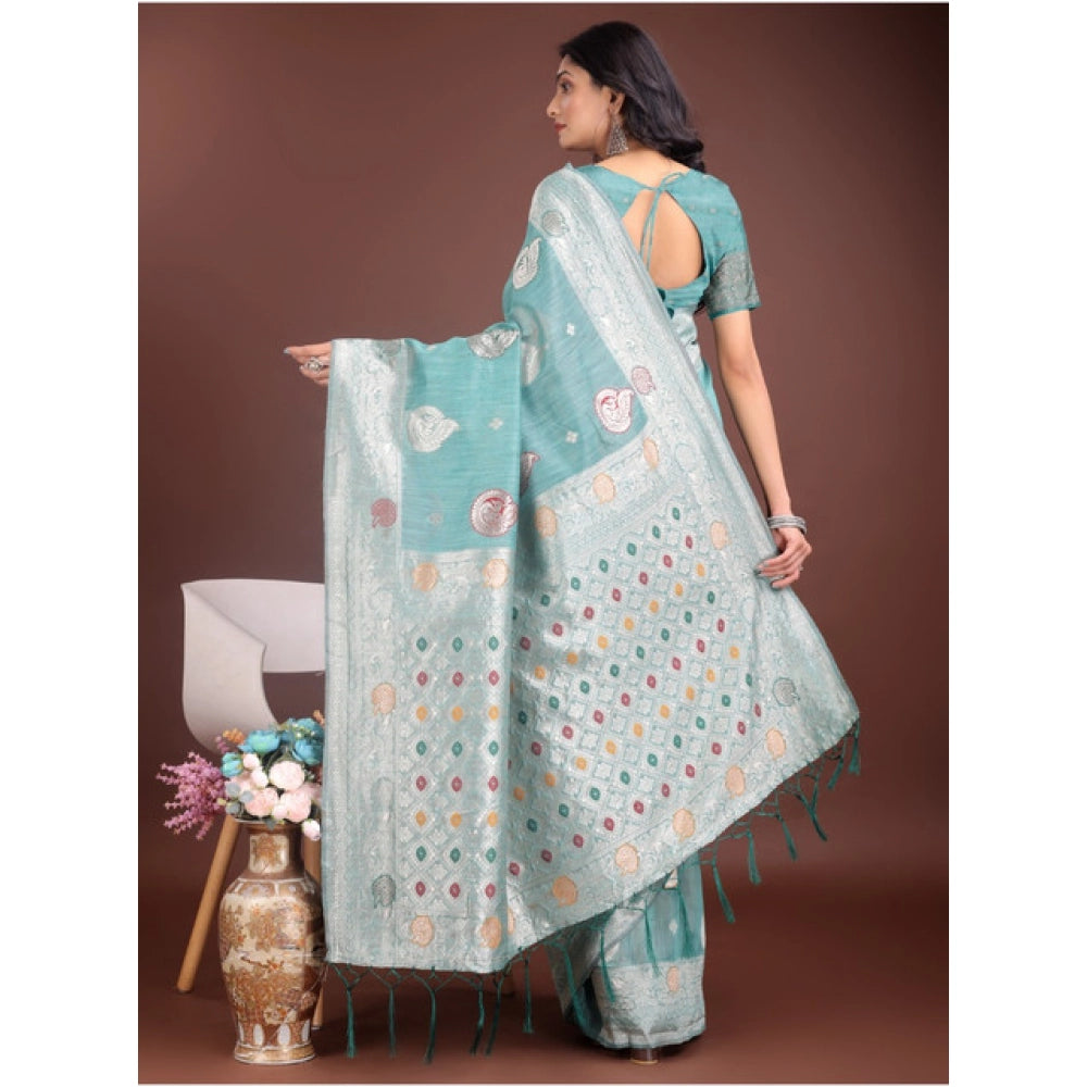 Vaystra Linen Cotton Printed Saree With Unstitched Blouse 5.5Mtr – Sea Green