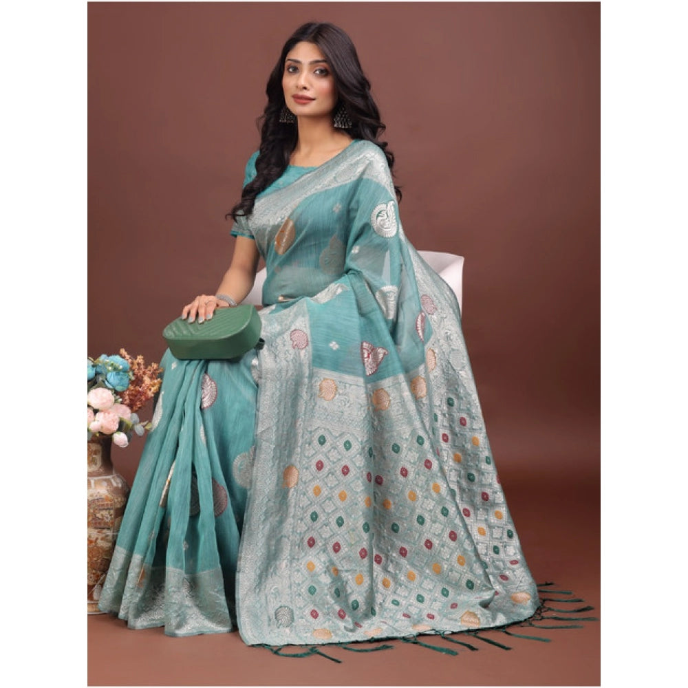 Vaystra Linen Cotton Printed Saree With Unstitched Blouse 5.5Mtr – Sea Green