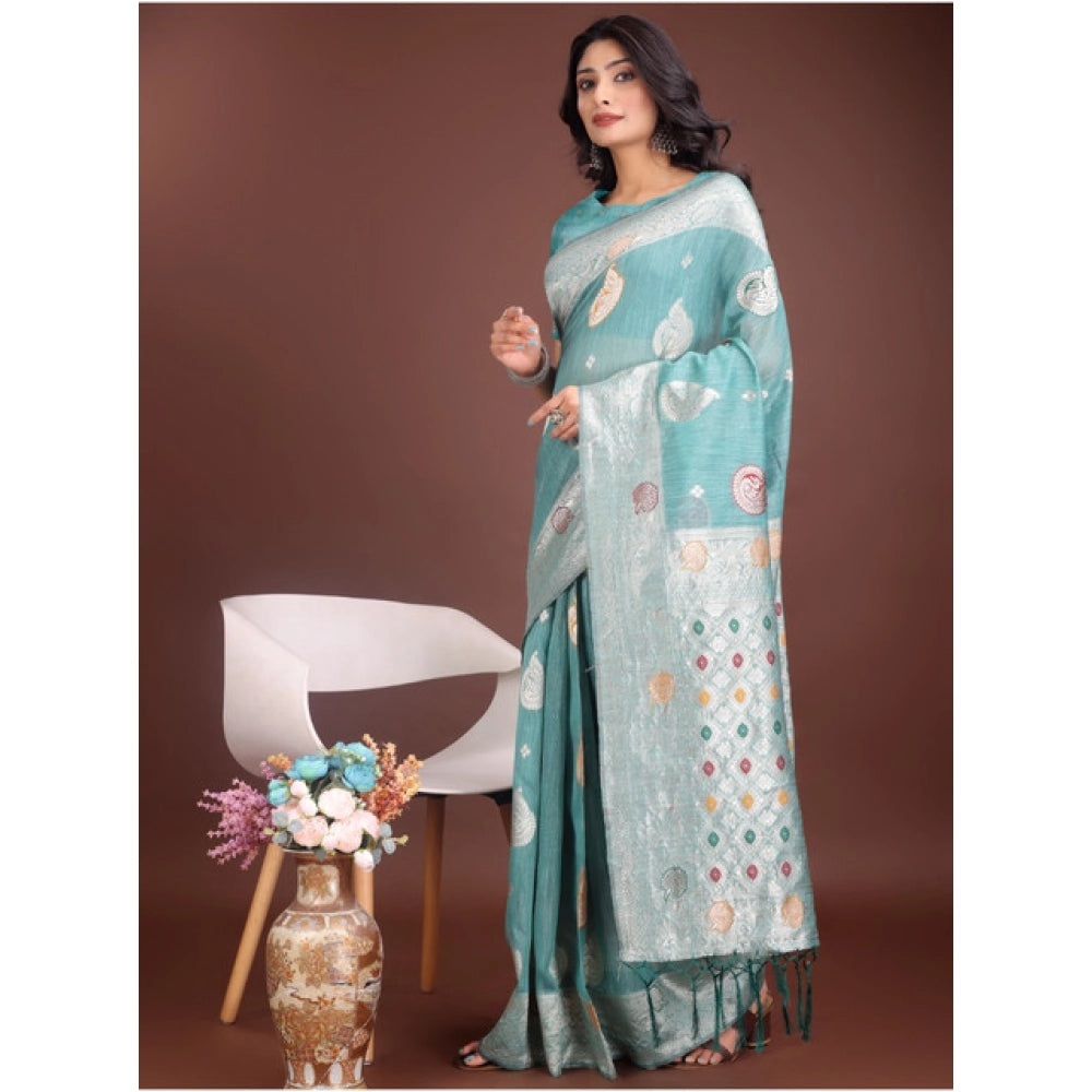 Vaystra Linen Cotton Printed Saree With Unstitched Blouse 5.5Mtr – Sea Green