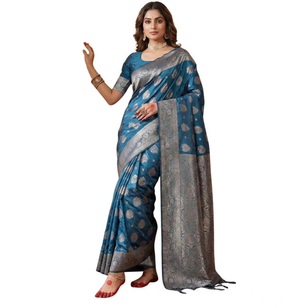 Vaystra Silk Blend Printed Saree With Unstitched Blouse 5.5Mtr – Teal Blue
