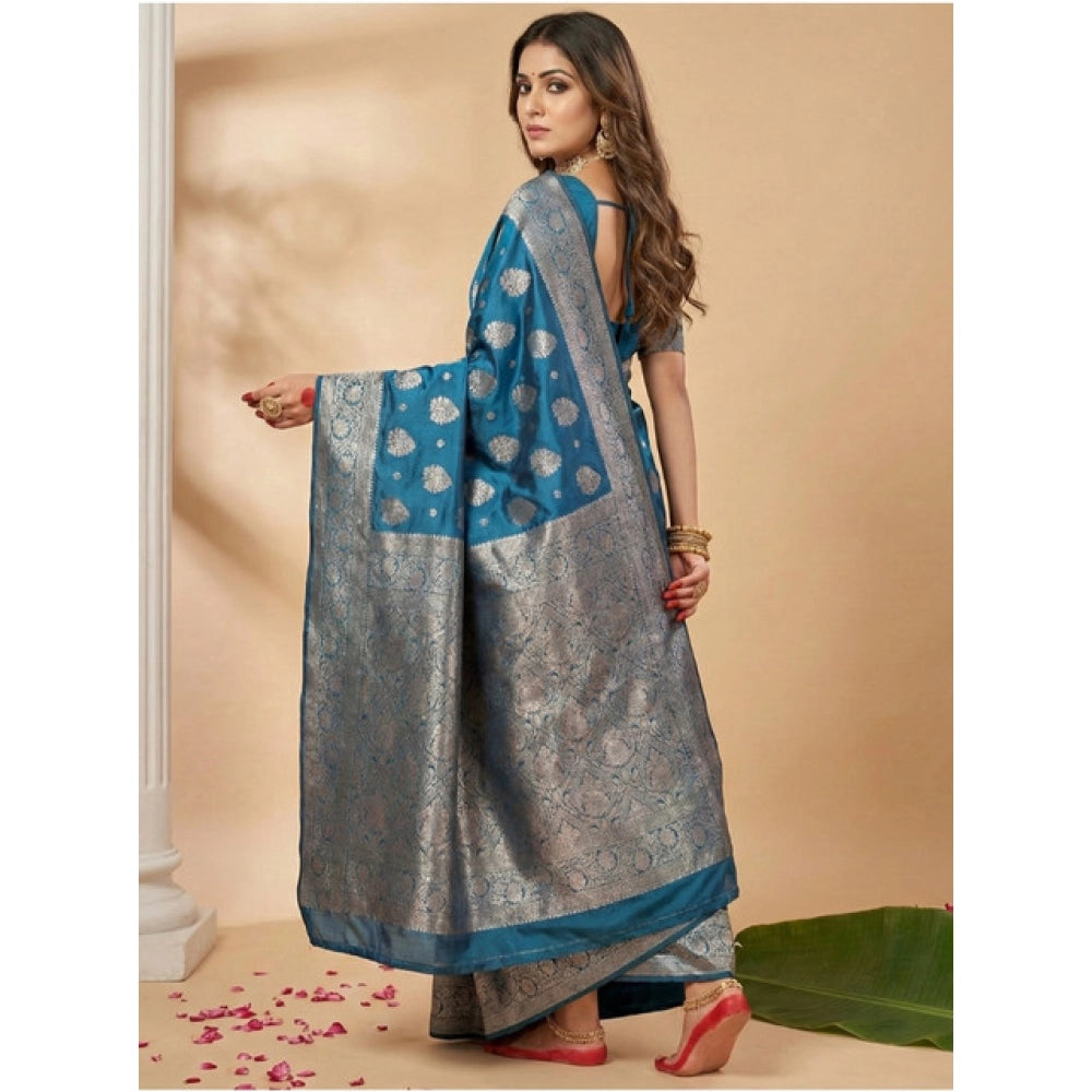 Vaystra Silk Blend Printed Saree With Unstitched Blouse 5.5Mtr – Teal Blue