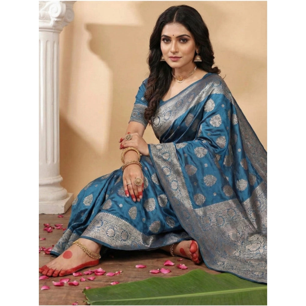 Vaystra Silk Blend Printed Saree With Unstitched Blouse 5.5Mtr – Teal Blue