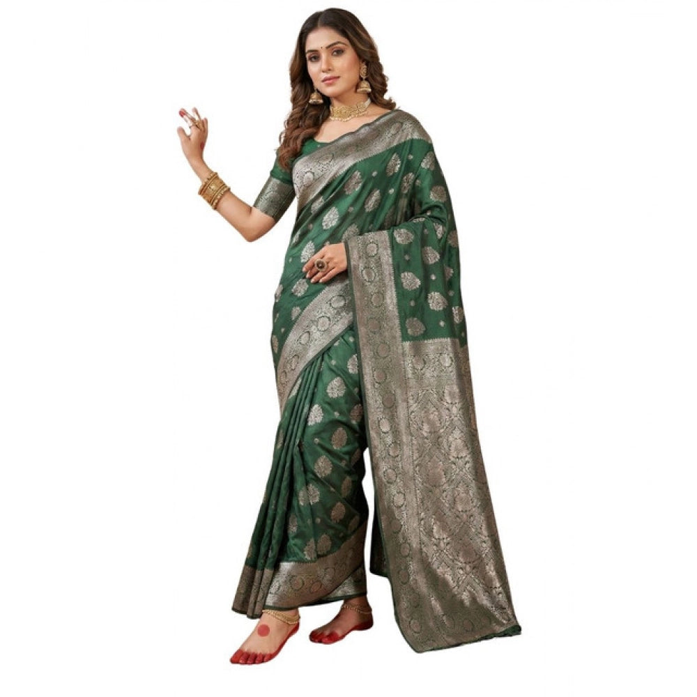 Vaystra Silk Blend Printed Saree With Unstitched Blouse 5.5Mtr – Dark Green