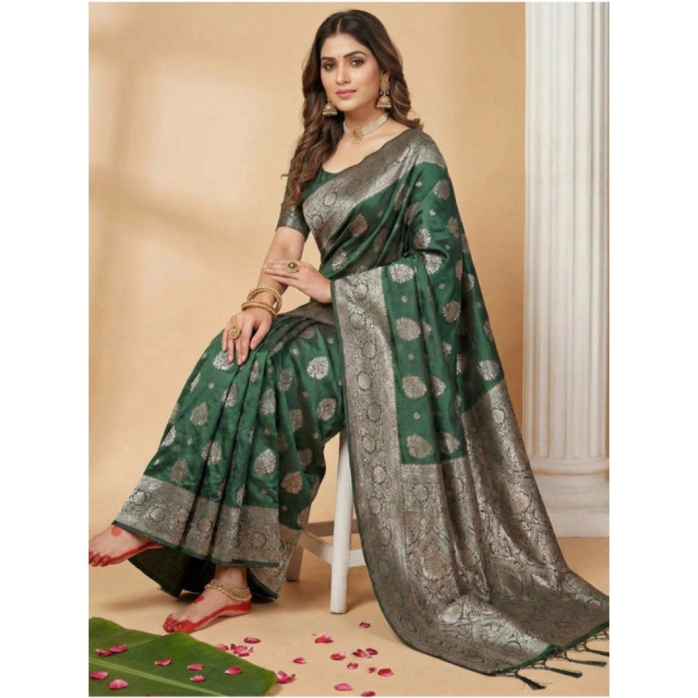 Vaystra Silk Blend Printed Saree With Unstitched Blouse 5.5Mtr – Dark Green