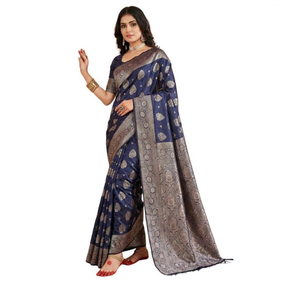 Vaystra Silk Blend Printed Saree With Unstitched Blouse 5.5Mtr – Navy Blue