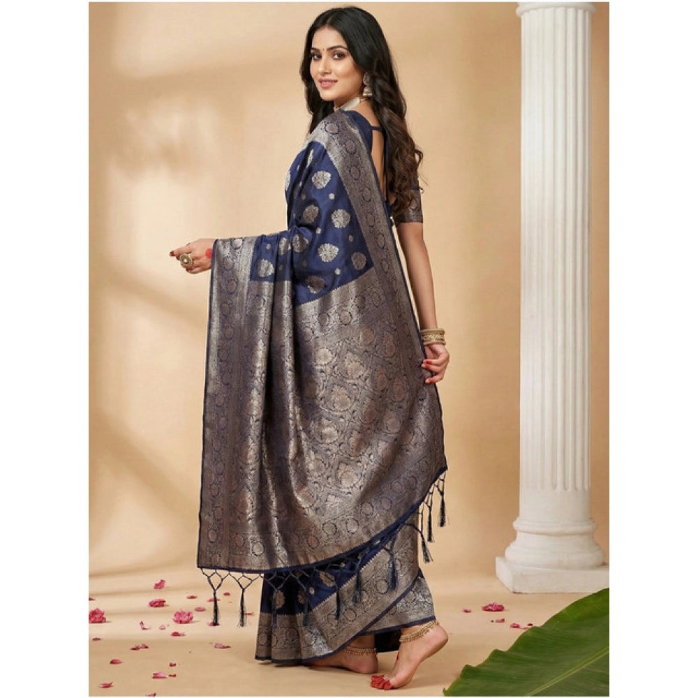 Vaystra Silk Blend Printed Saree With Unstitched Blouse 5.5Mtr – Navy Blue
