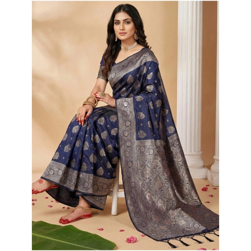 Vaystra Silk Blend Printed Saree With Unstitched Blouse 5.5Mtr – Navy Blue