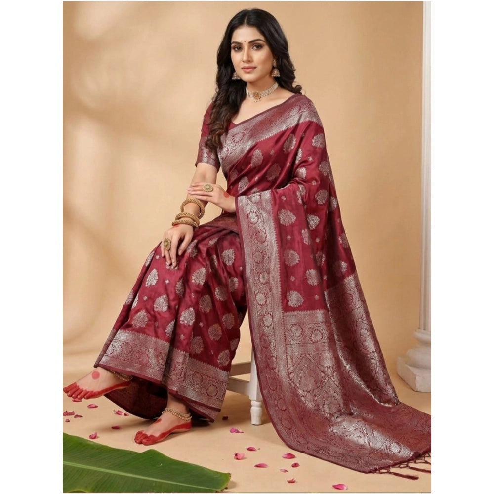 Vaystra Silk Blend Printed Saree With Unstitched Blouse 5.5Mtr – Maroon