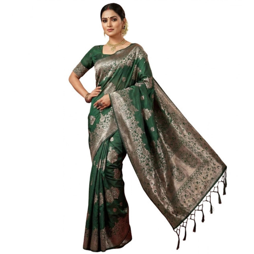 Vaystra Silk Blend Printed Saree With Unstitched Blouse 5.5Mtr – Dark Green