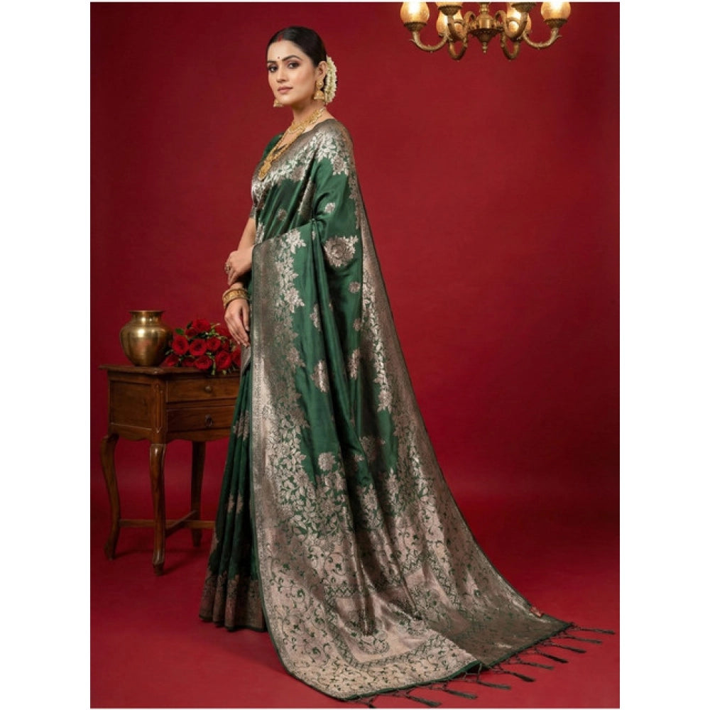 Vaystra Silk Blend Printed Saree With Unstitched Blouse 5.5Mtr – Dark Green