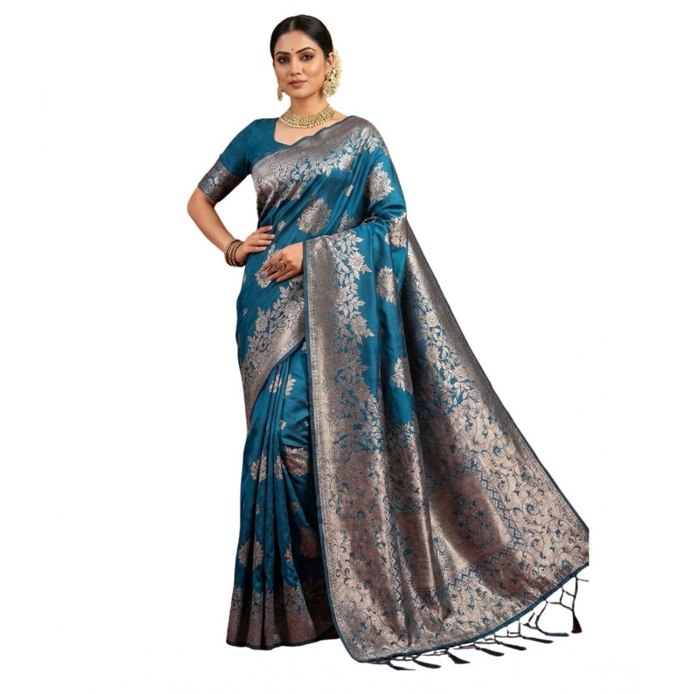 Vaystra Silk Blend Printed Saree With Unstitched Blouse 5.5Mtr – Teal Blue