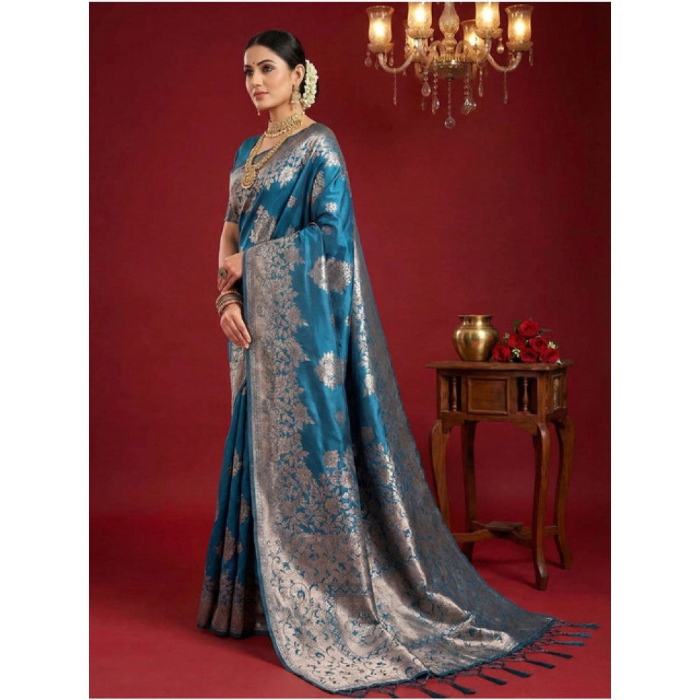 Vaystra Silk Blend Printed Saree With Unstitched Blouse 5.5Mtr – Teal Blue