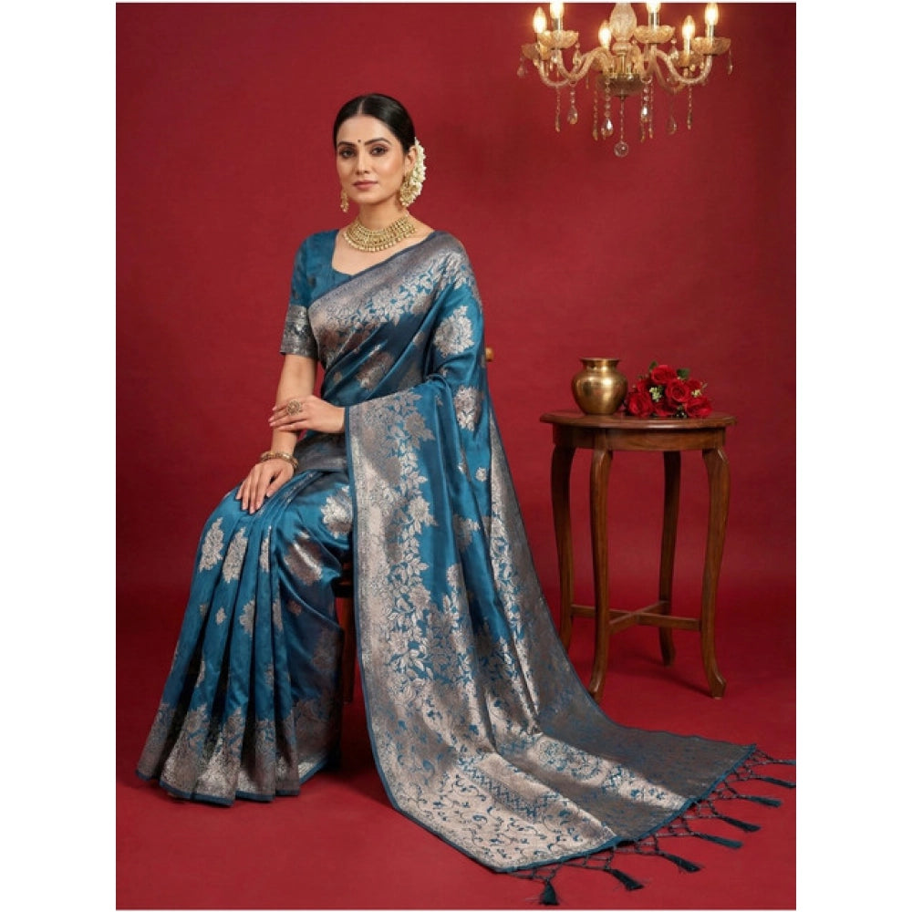 Vaystra Silk Blend Printed Saree With Unstitched Blouse 5.5Mtr – Teal Blue