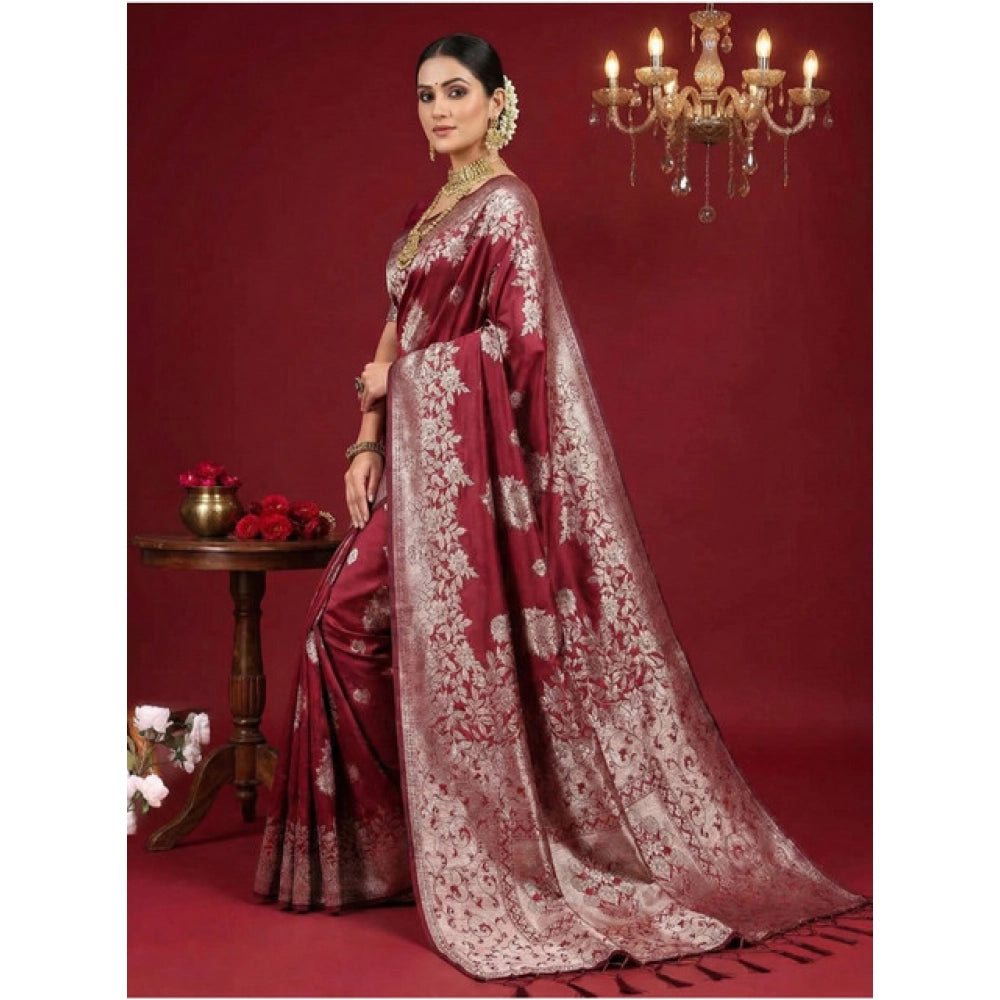 Vaystra Silk Blend Printed Saree With Unstitched Blouse 5.5Mtr – Maroon