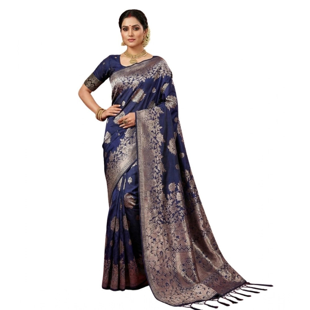 Vaystra Silk Blend Printed Saree With Unstitched Blouse 5.5Mtr – Navy Blue