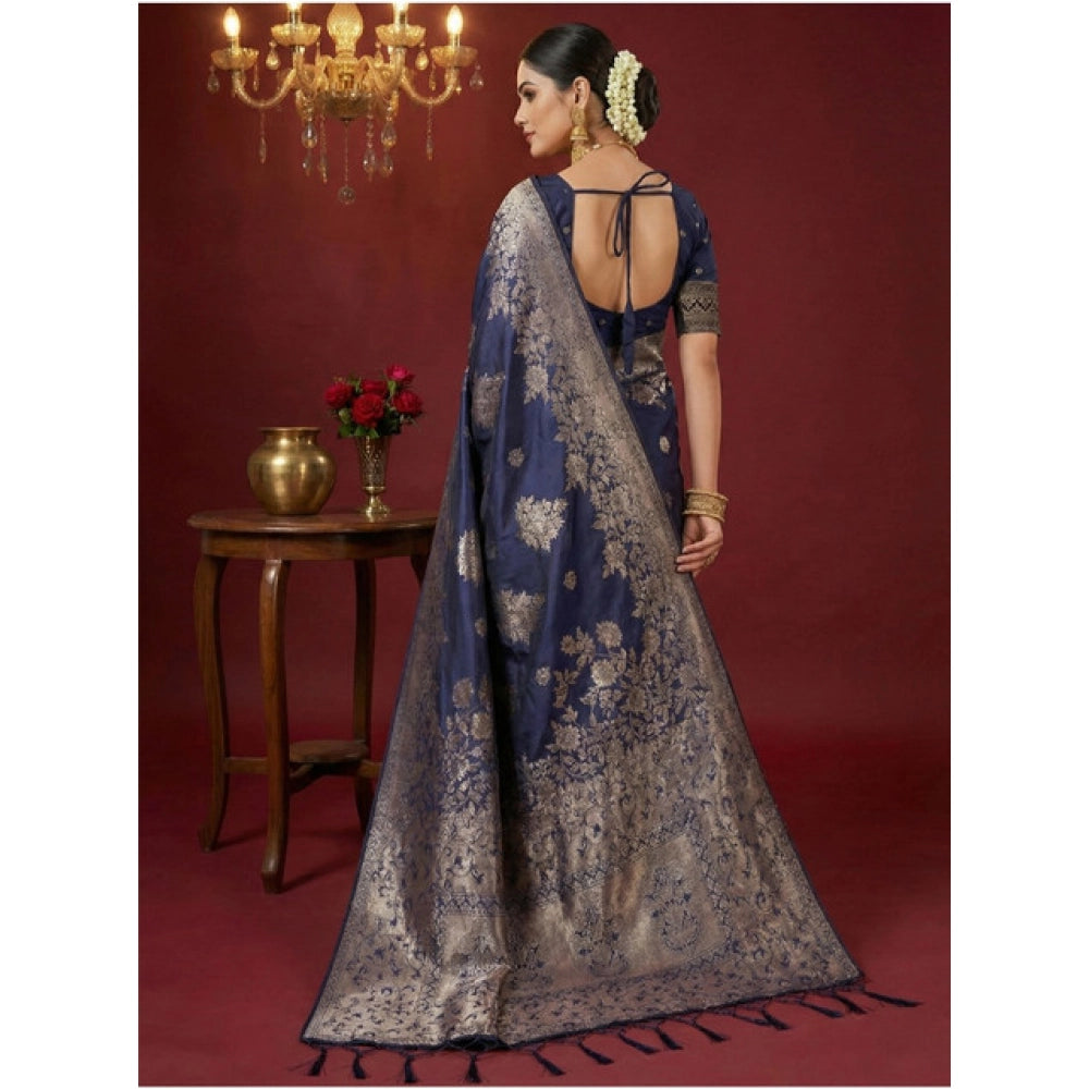 Vaystra Silk Blend Printed Saree With Unstitched Blouse 5.5Mtr – Navy Blue