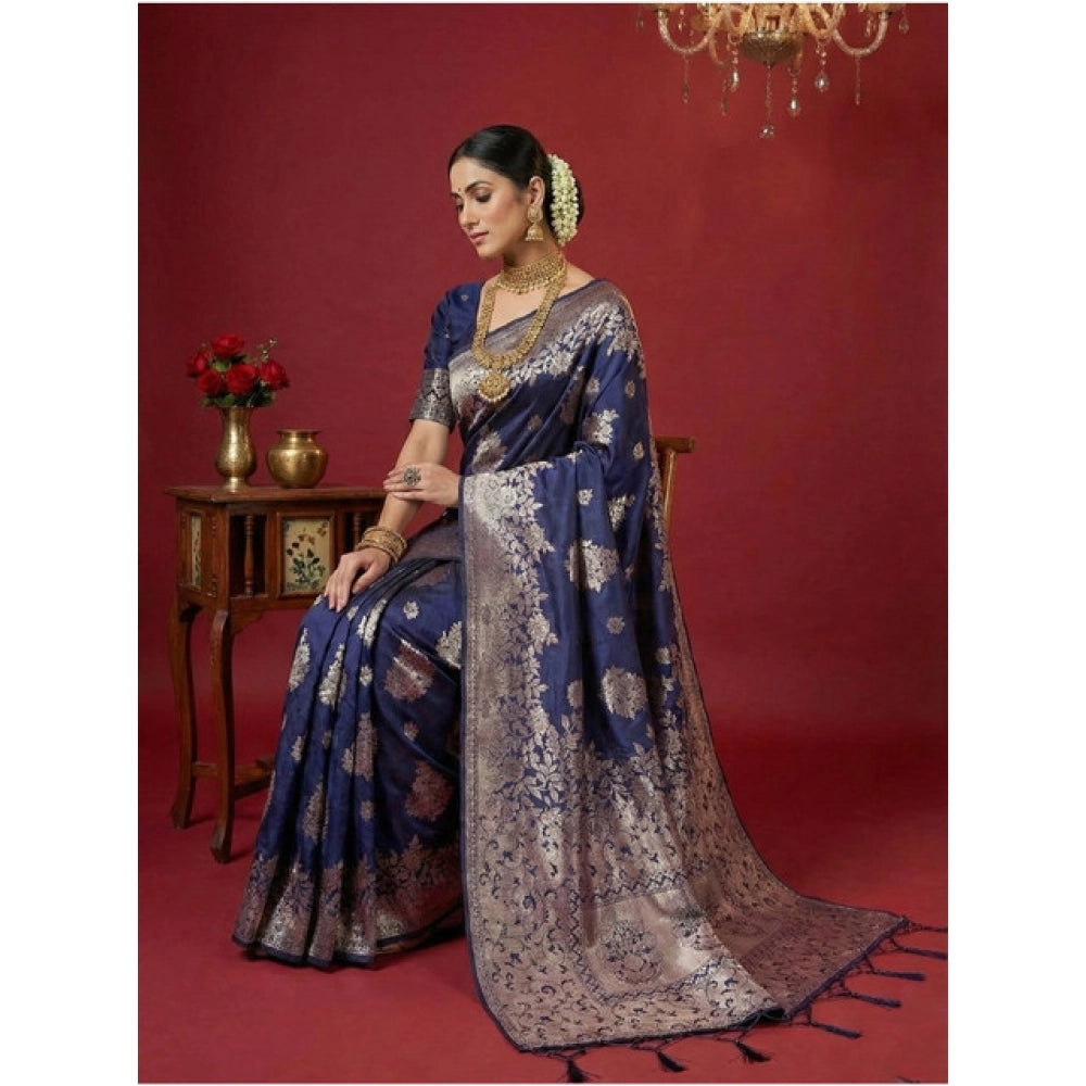 Vaystra Silk Blend Printed Saree With Unstitched Blouse 5.5Mtr – Navy Blue