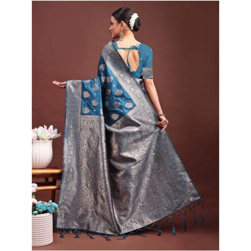 Vaystra Banarasi Silk Printed Saree With Unstitched Blouse 5.5Mtr – Teal Blue