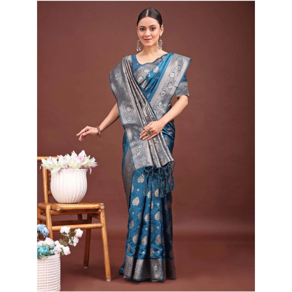 Vaystra Banarasi Silk Printed Saree With Unstitched Blouse 5.5Mtr – Teal Blue