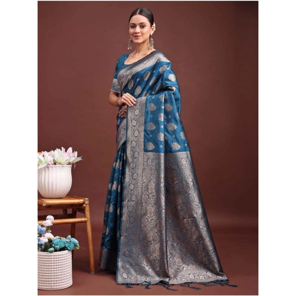 Vaystra Banarasi Silk Printed Saree With Unstitched Blouse 5.5Mtr – Teal Blue