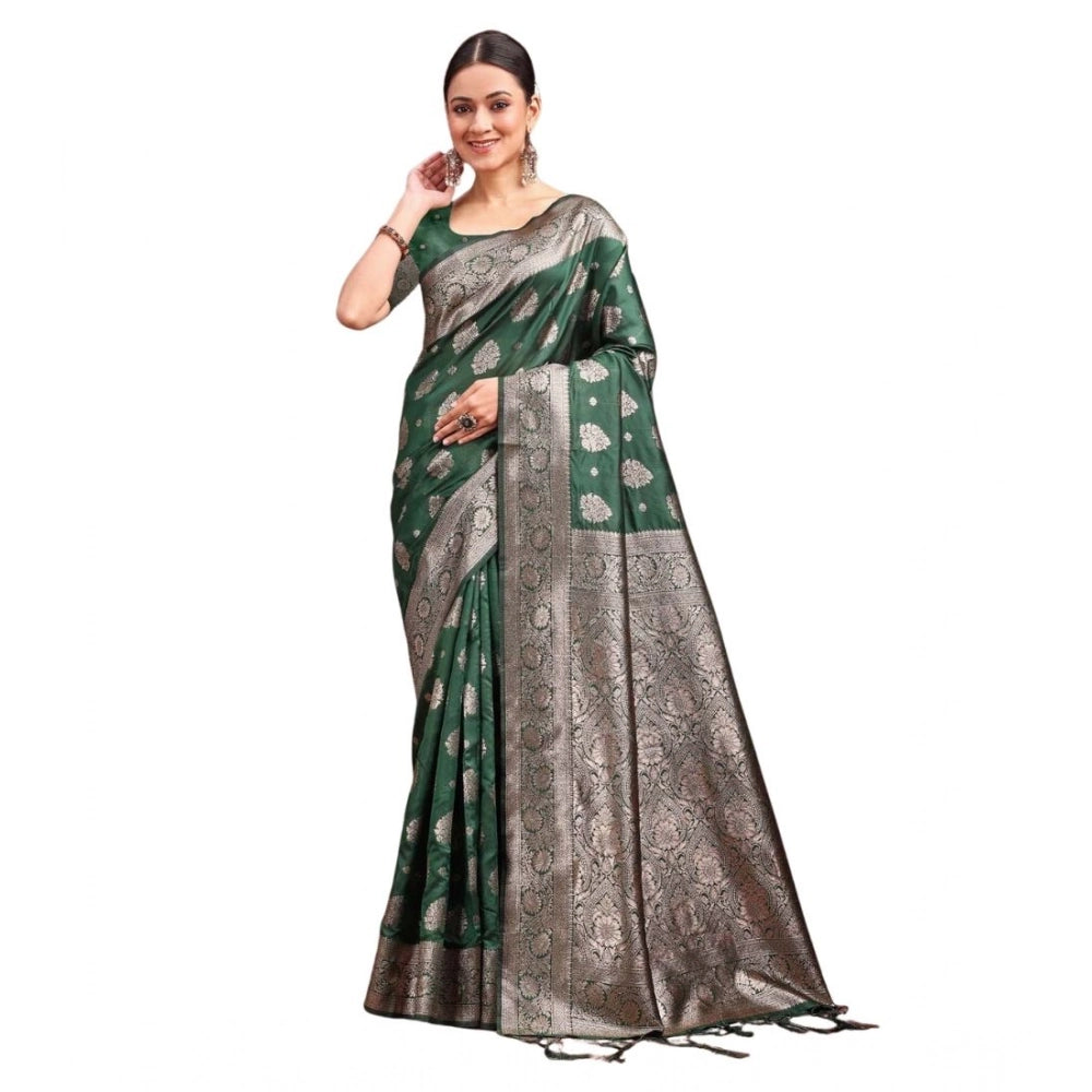 Vaystra Banarasi Silk Printed Saree With Unstitched Blouse 5.5Mtr – Dark Green