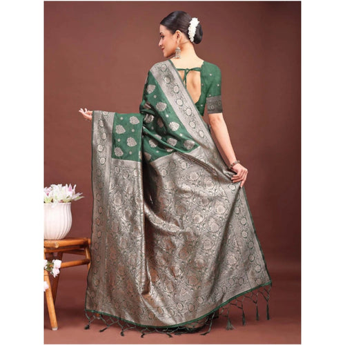 Vaystra Banarasi Silk Printed Saree With Unstitched Blouse 5.5Mtr – Dark Green