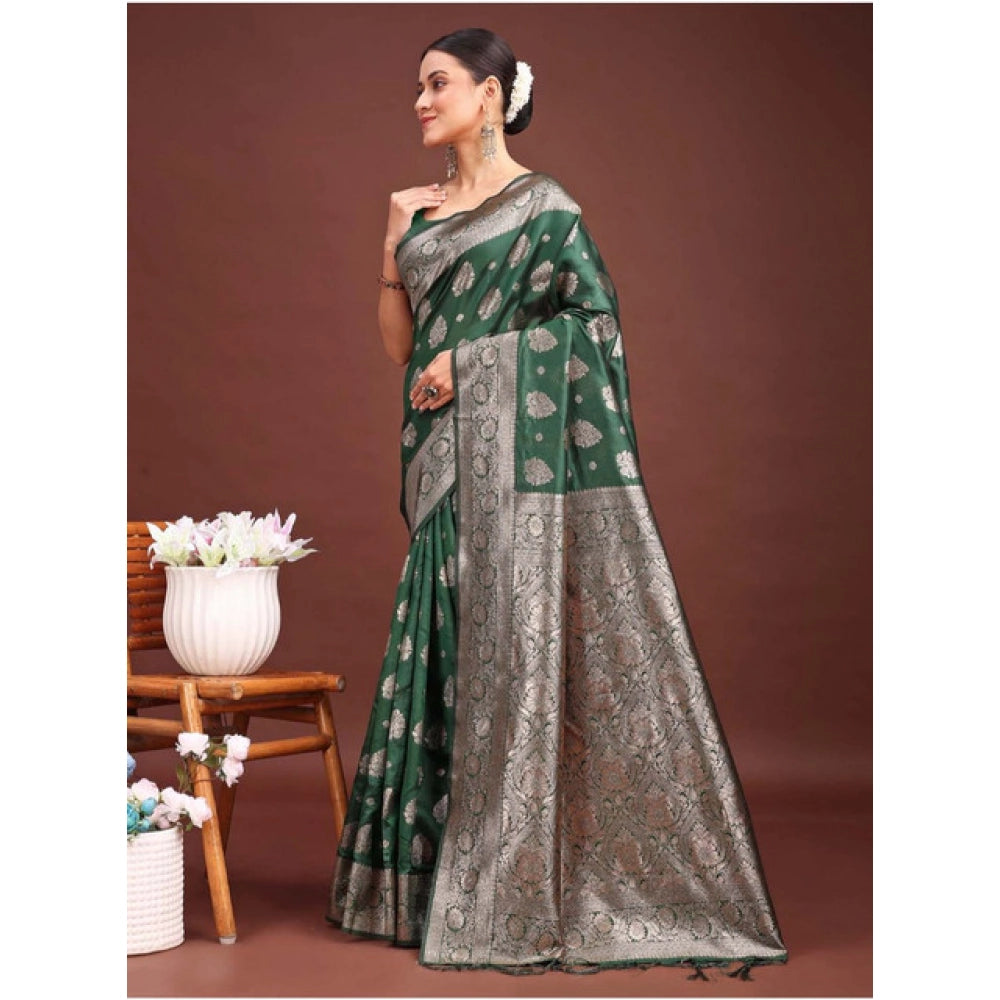 Vaystra Banarasi Silk Printed Saree With Unstitched Blouse 5.5Mtr – Dark Green