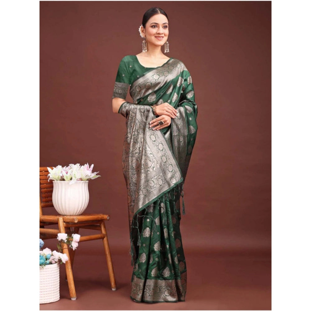 Vaystra Banarasi Silk Printed Saree With Unstitched Blouse 5.5Mtr – Dark Green