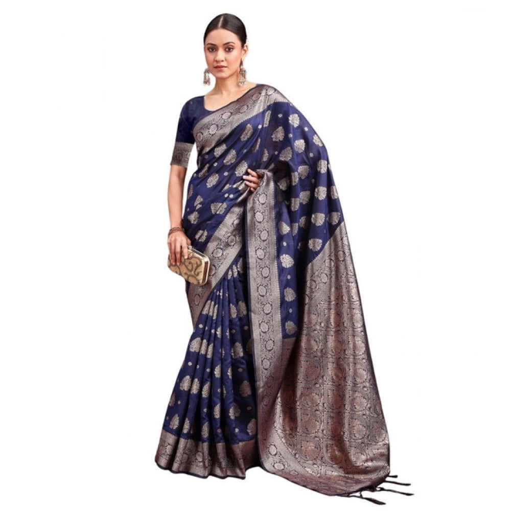 Vaystra Banarasi Silk Printed Saree With Unstitched Blouse 5.5Mtr – Navy Blue