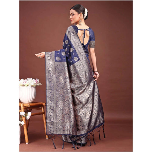 Vaystra Banarasi Silk Printed Saree With Unstitched Blouse 5.5Mtr – Navy Blue