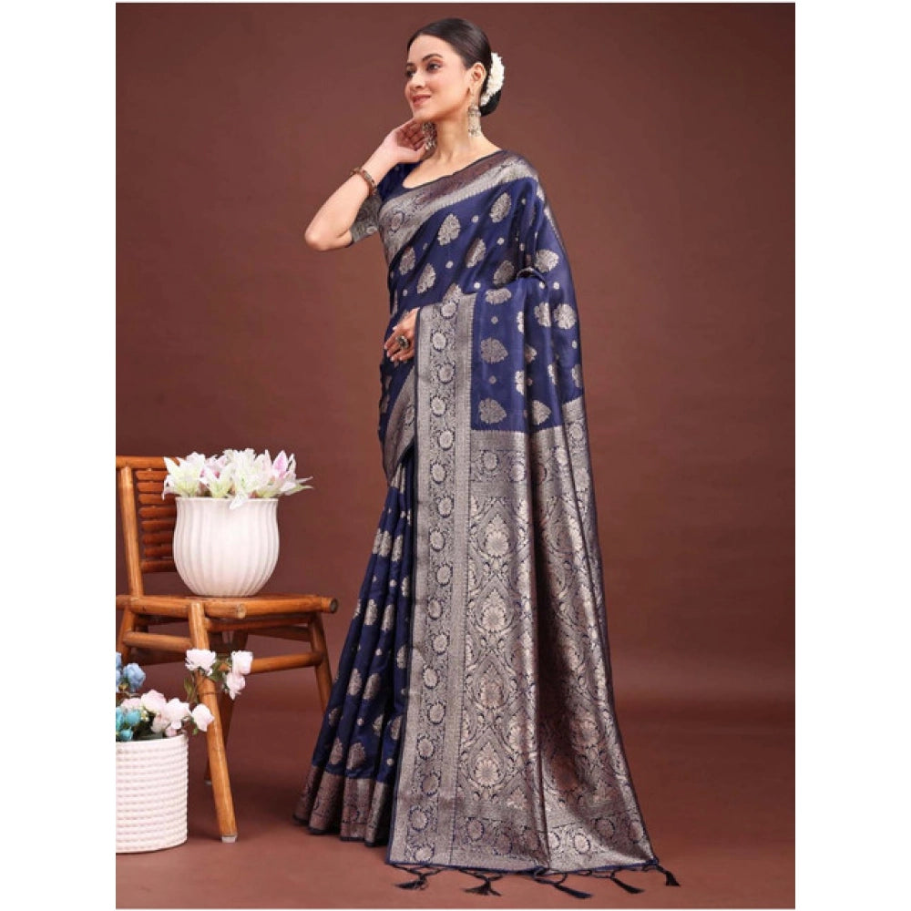 Vaystra Banarasi Silk Printed Saree With Unstitched Blouse 5.5Mtr – Navy Blue