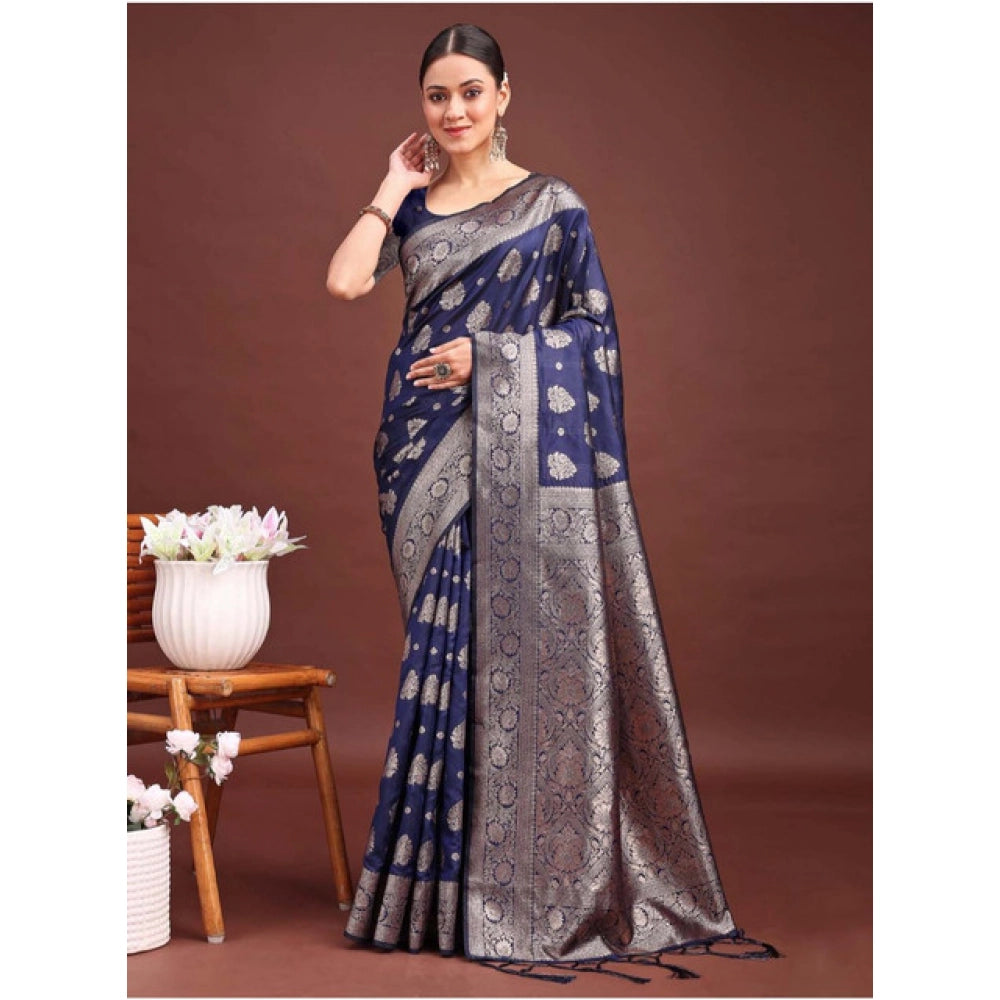 Vaystra Banarasi Silk Printed Saree With Unstitched Blouse 5.5Mtr – Navy Blue