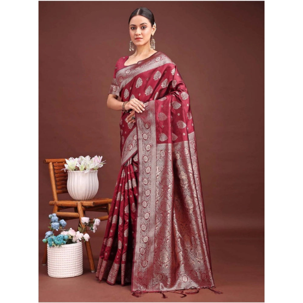 Vaystra Banarasi Silk Printed Saree With Unstitched Blouse 5.5Mtr – Maroon