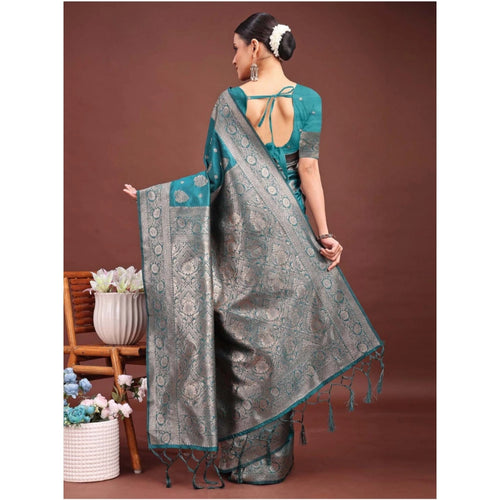 Vaystra Banarasi Silk Printed Saree With Unstitched Blouse 5.5Mtr – Sea Green