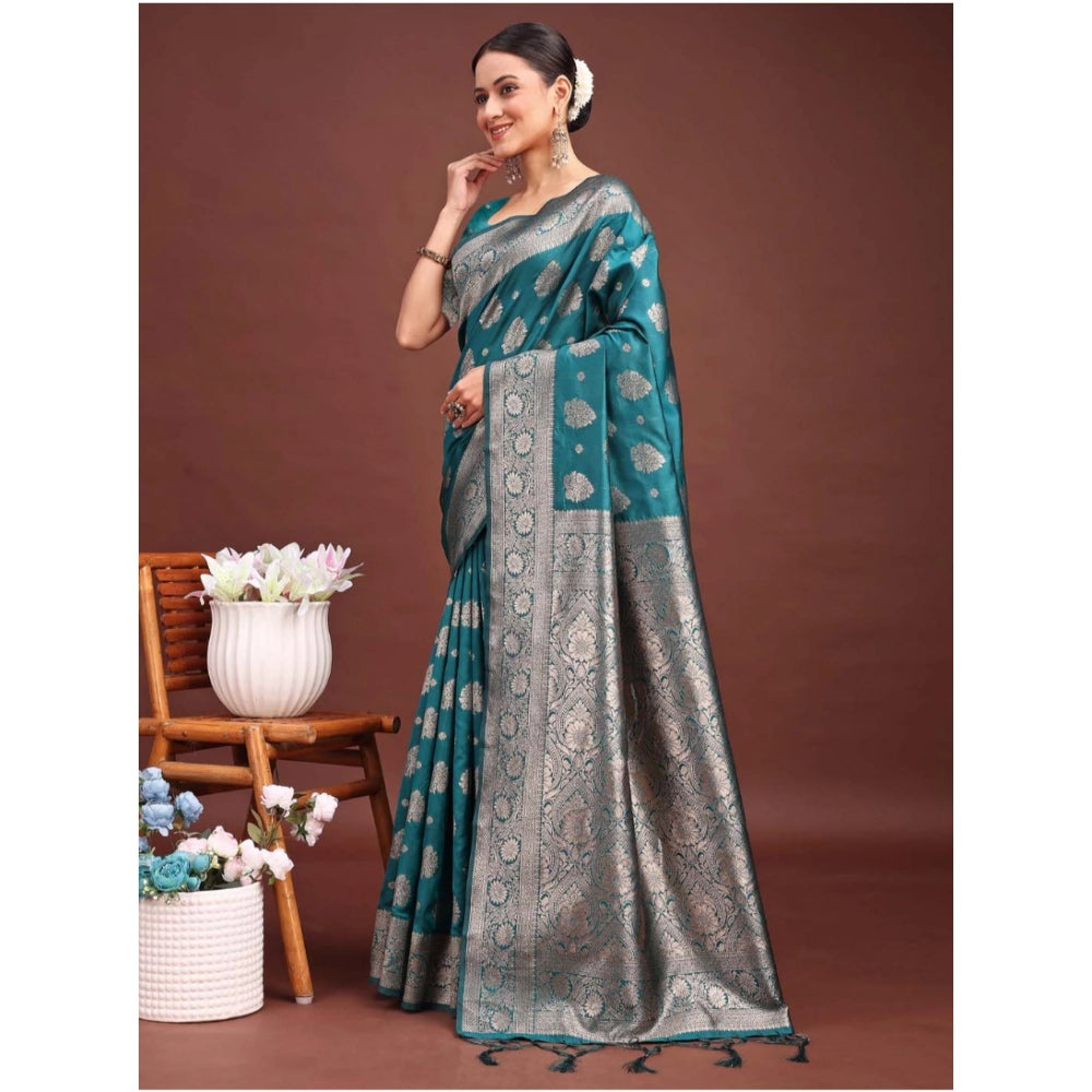 Vaystra Banarasi Silk Printed Saree With Unstitched Blouse 5.5Mtr – Sea Green