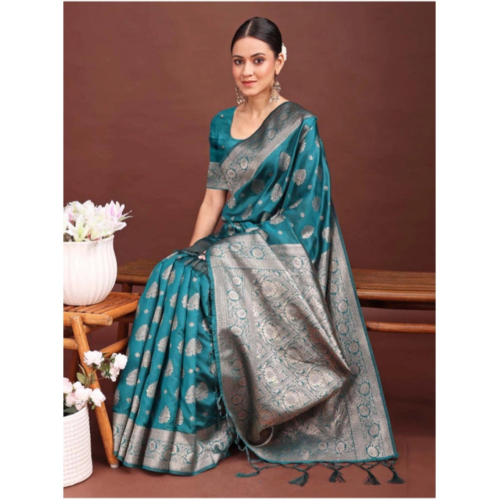 Vaystra Banarasi Silk Printed Saree With Unstitched Blouse 5.5Mtr – Sea Green