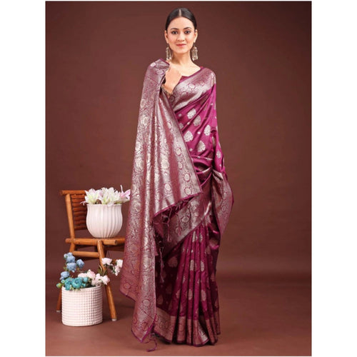 Vaystra Banarasi Silk Printed Saree With Unstitched Blouse 5.5Mtr – Purple