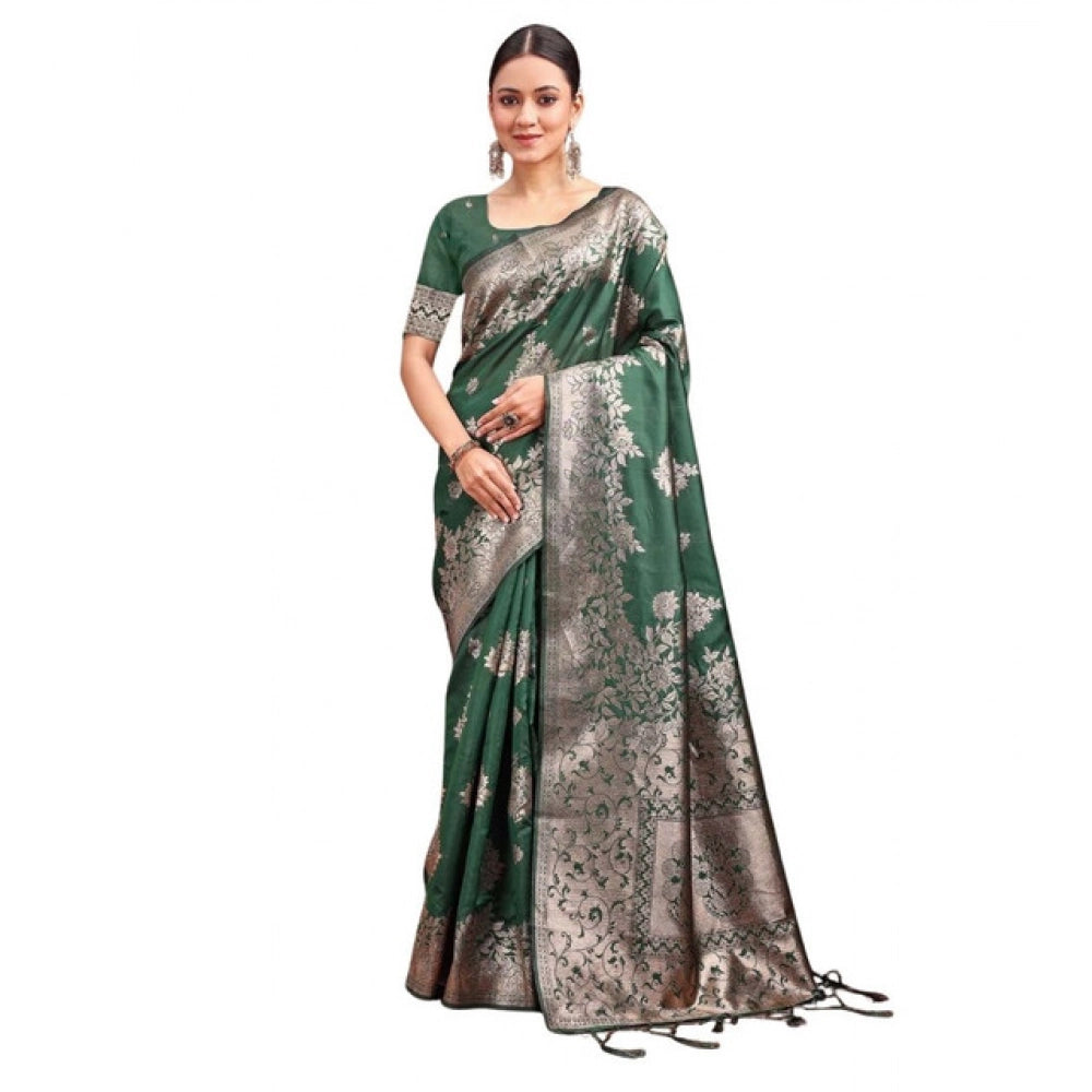 Vaystra Banarasi Silk Printed Saree With Unstitched Blouse 5.5Mtr – Dark Green