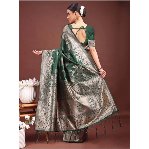 Vaystra Banarasi Silk Printed Saree With Unstitched Blouse 5.5Mtr – Dark Green