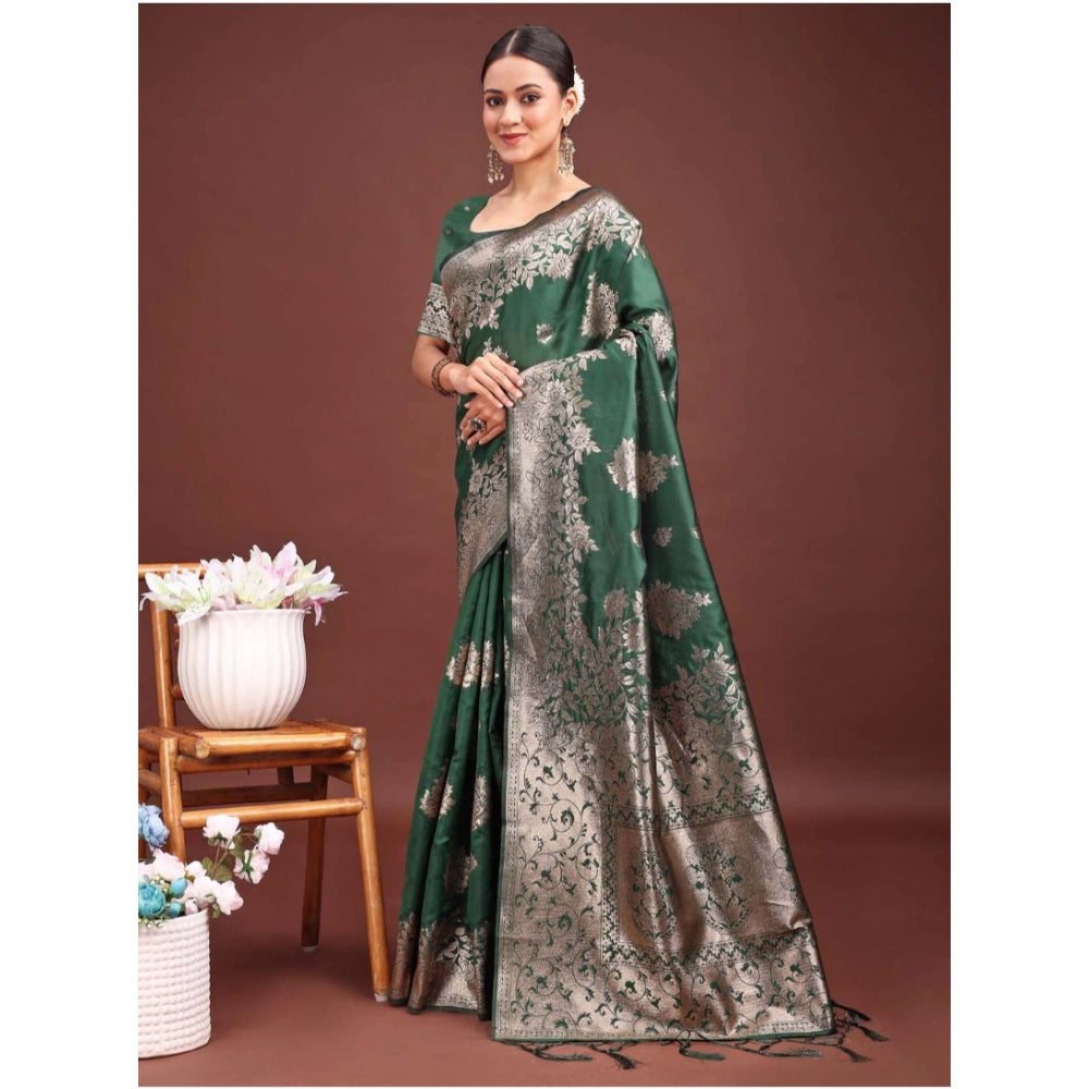 Vaystra Banarasi Silk Printed Saree With Unstitched Blouse 5.5Mtr – Dark Green