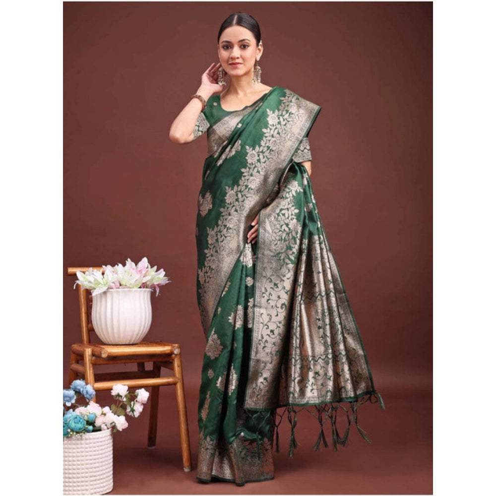 Vaystra Banarasi Silk Printed Saree With Unstitched Blouse 5.5Mtr – Dark Green