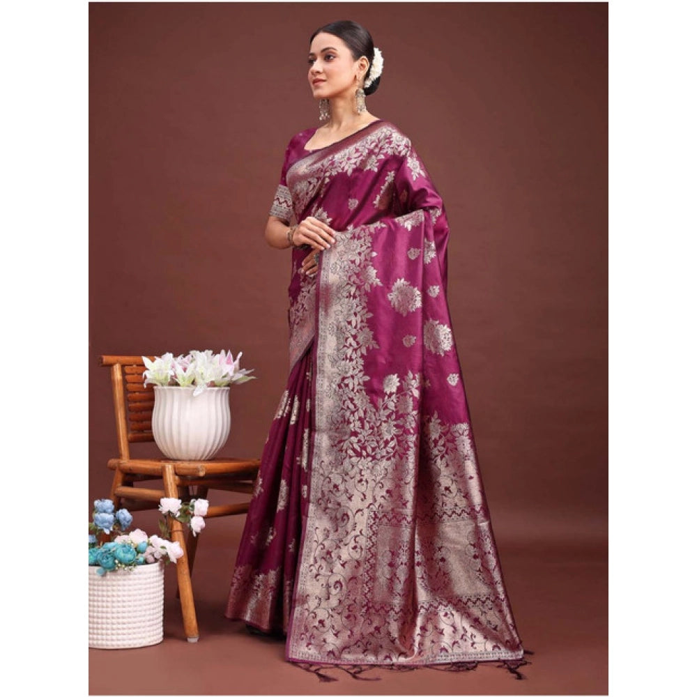 Vaystra Banarasi Silk Printed Saree With Unstitched Blouse 5.5Mtr – Purple