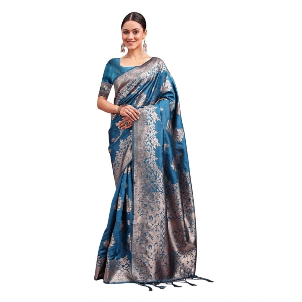 Vaystra Banarasi Silk Printed Saree With Unstitched Blouse 5.5Mtr – Teal Blue