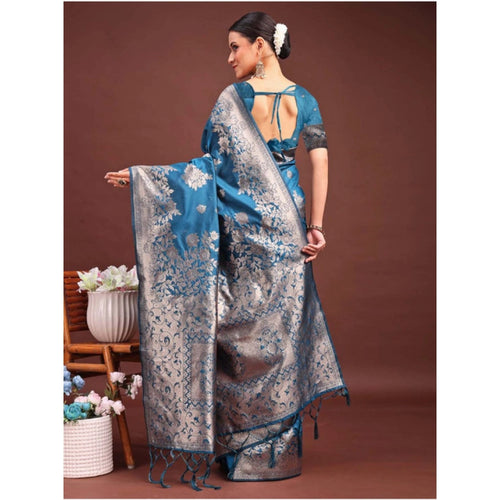 Vaystra Banarasi Silk Printed Saree With Unstitched Blouse 5.5Mtr – Teal Blue