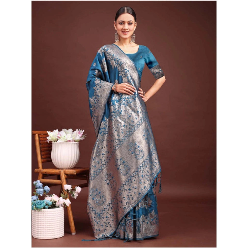Vaystra Banarasi Silk Printed Saree With Unstitched Blouse 5.5Mtr – Teal Blue