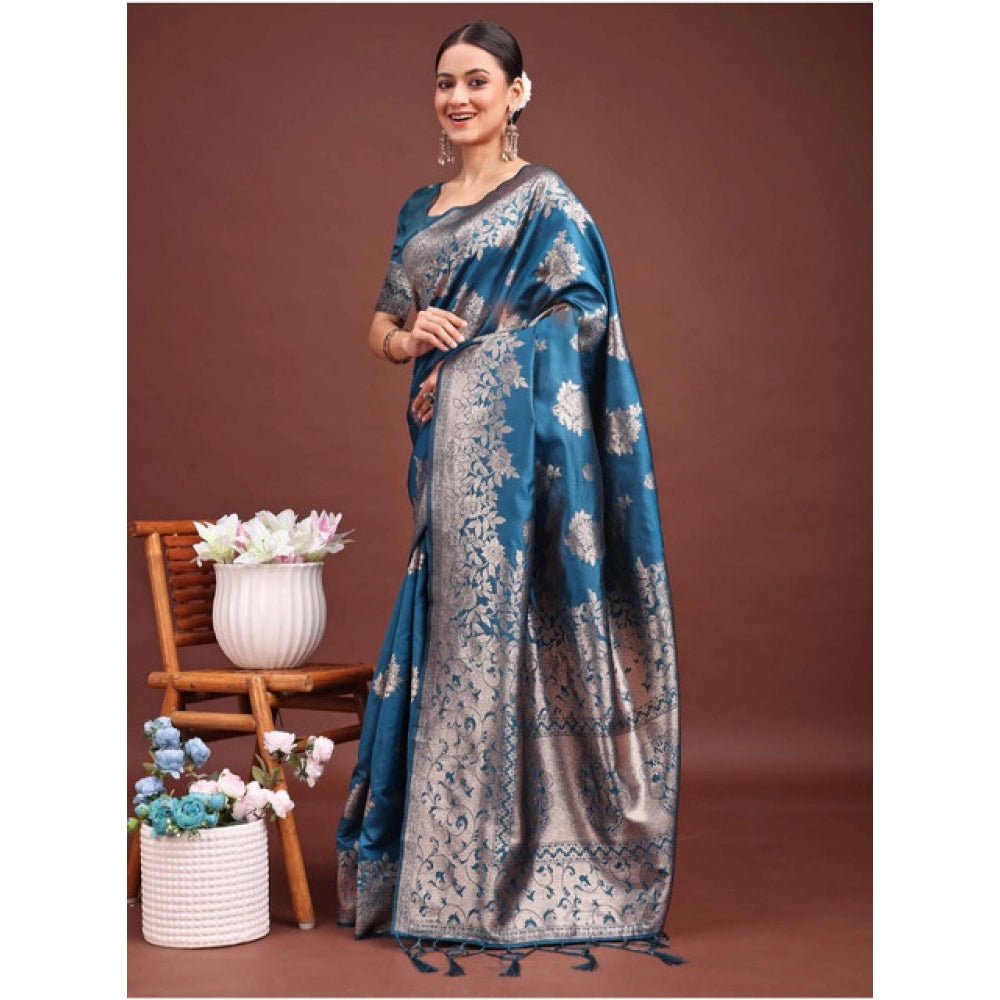 Vaystra Banarasi Silk Printed Saree With Unstitched Blouse 5.5Mtr – Teal Blue