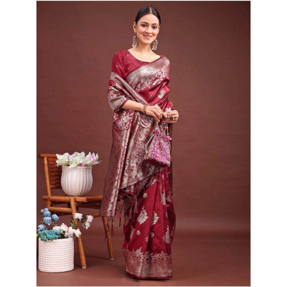 Vaystra Banarasi Silk Printed Saree With Unstitched Blouse 5.5Mtr – Maroon
